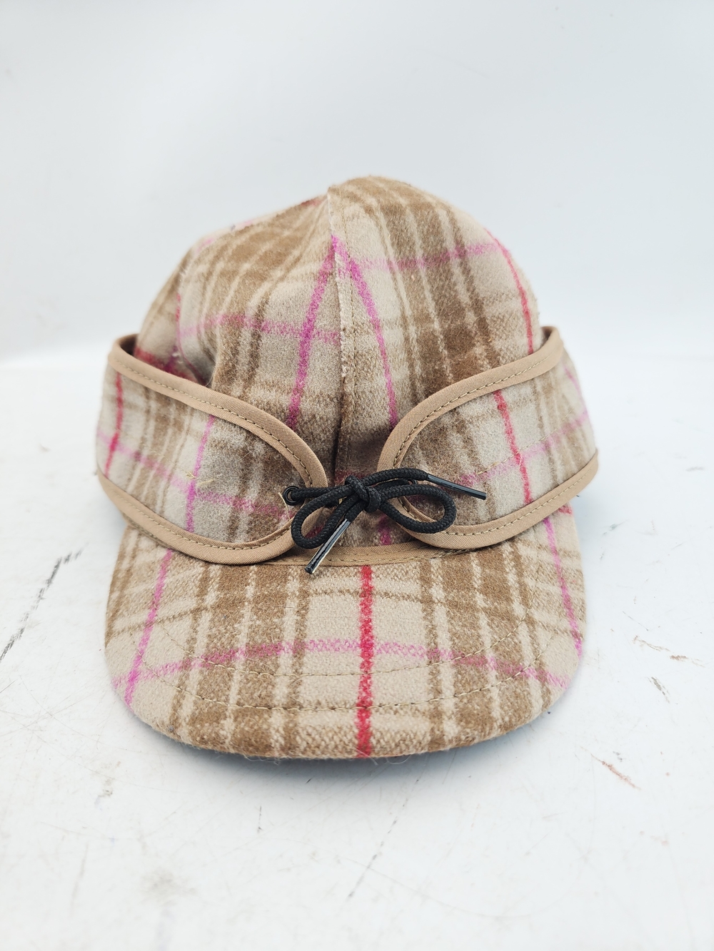 Plaid Earflap Hat in Beige and Pink with Bow Detail